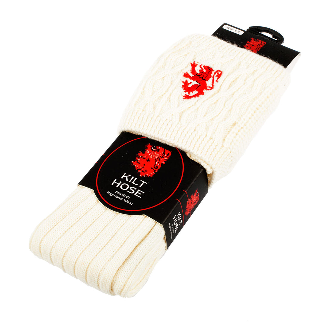 Adults 50% Embroidered Wool Kilt Socks Red Lion / Off White