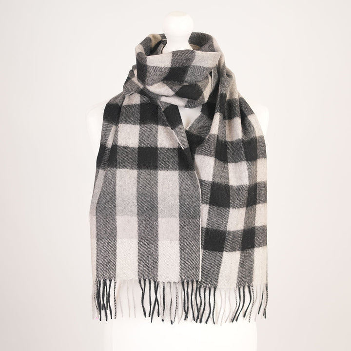 Edinburgh Cashmere Premium Lightweight Scarf - Ultra-Soft Luxury Wrap - GIANT CHEQUER - BLACK/OYSTER