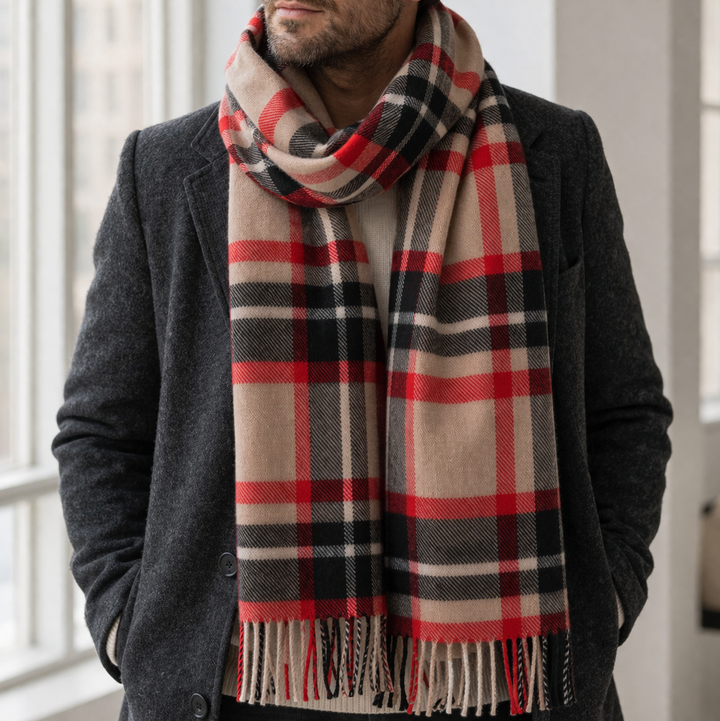 100% Lambswool Scarf – Traditional Tartan & Check Designs - Made in Scotland - Abstract Camel/Red
