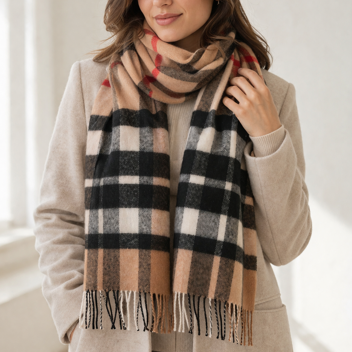 100% Lambswool Scarf – Traditional Tartan & Check Designs - Made in Scotland - Exploded Thomson Camel