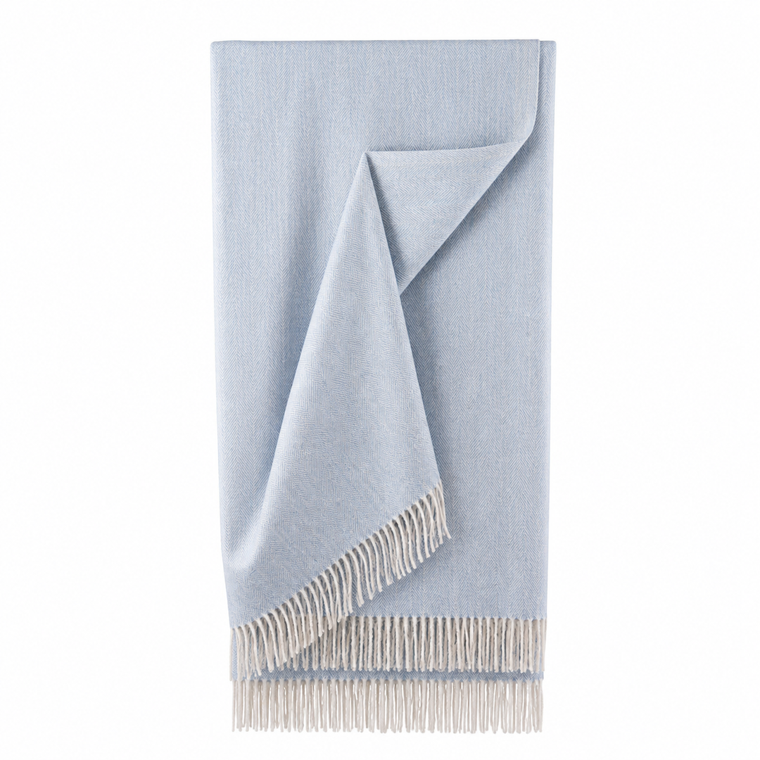 Recycled Wool Herringbone Blanket with Fringe - Soft Warm Throw - CORNFLOWER