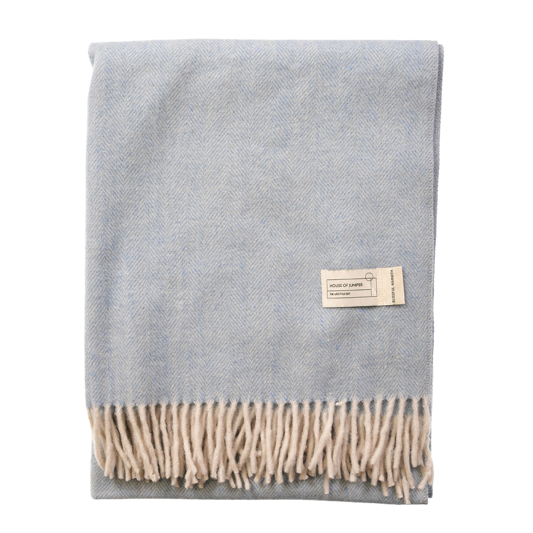 Recycled Wool Herringbone Knee Blanket – Pastel Fringed Throw - CORNFLOWER