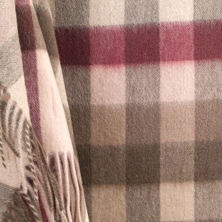 100% Pure Lambswool Blanket Throw – Luxury Soft Warm Wool Blanket - Home Décor - GIANT CHEQUER - PINK AND TAUPE