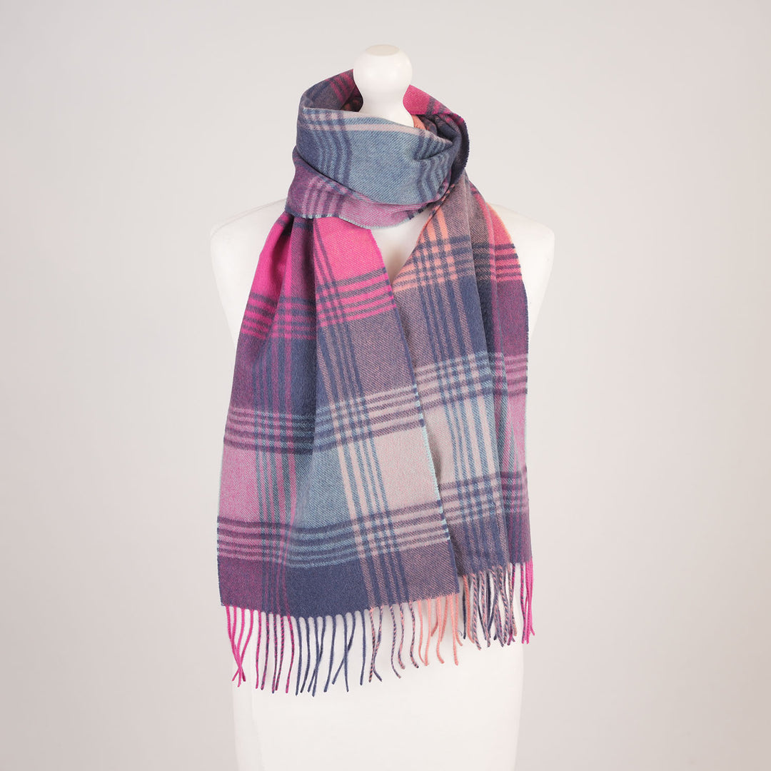Edinburgh Cashmere Premium Lightweight Scarf - Ultra-Soft Luxury Wrap - BROKEN CHECK - ORANGE/PINK/DENIM