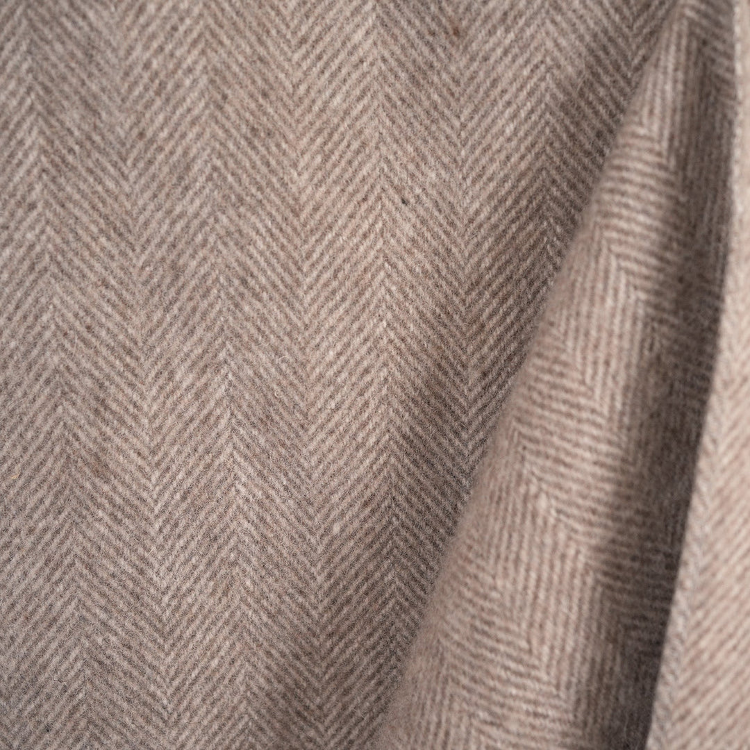 Recycled Wool Herringbone Blanket with Fringe - Soft Warm Throw - TAUPE