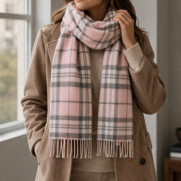 100% Lambswool Scarf – Traditional Tartan & Check Designs - Made in Scotland - Thomson Pink