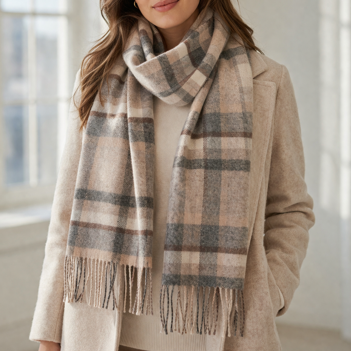 100% Lambswool Scarf – Traditional Tartan & Check Designs - Made in Scotland - Abstract Natural