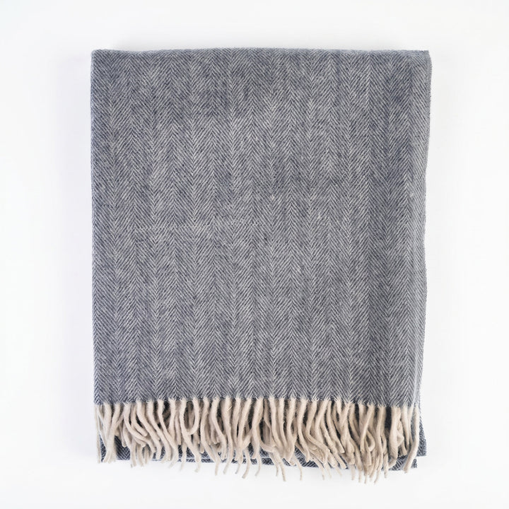 Recycled Wool Herringbone Knee Blanket – Pastel Fringed Throw - DENIM