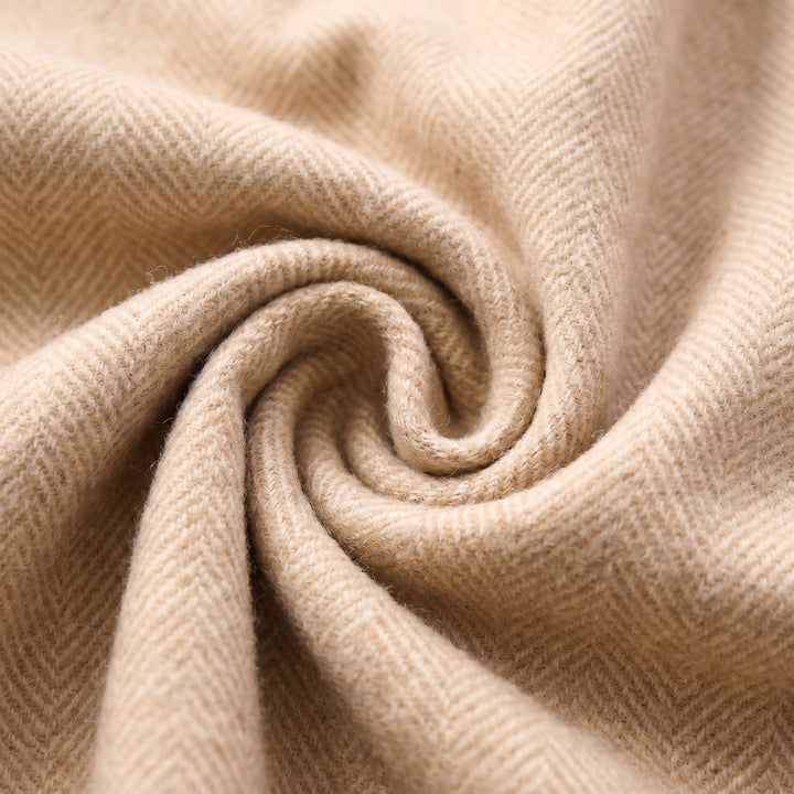 Recycled Wool Herringbone Knee Blanket – Pastel Fringed Throw - SAND BEIGE/NATURAL