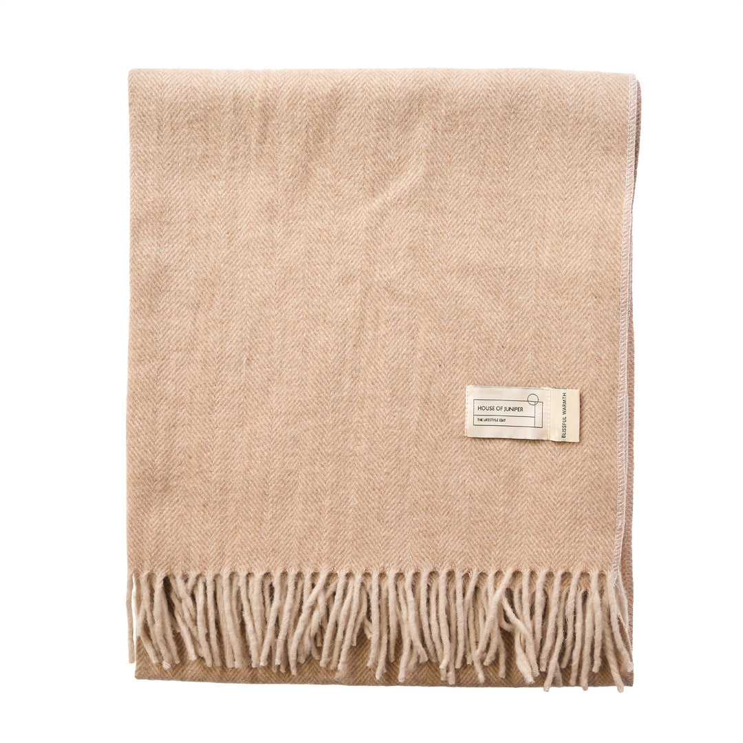 Recycled Wool Herringbone Knee Blanket – Pastel Fringed Throw - SAND BEIGE/NATURAL