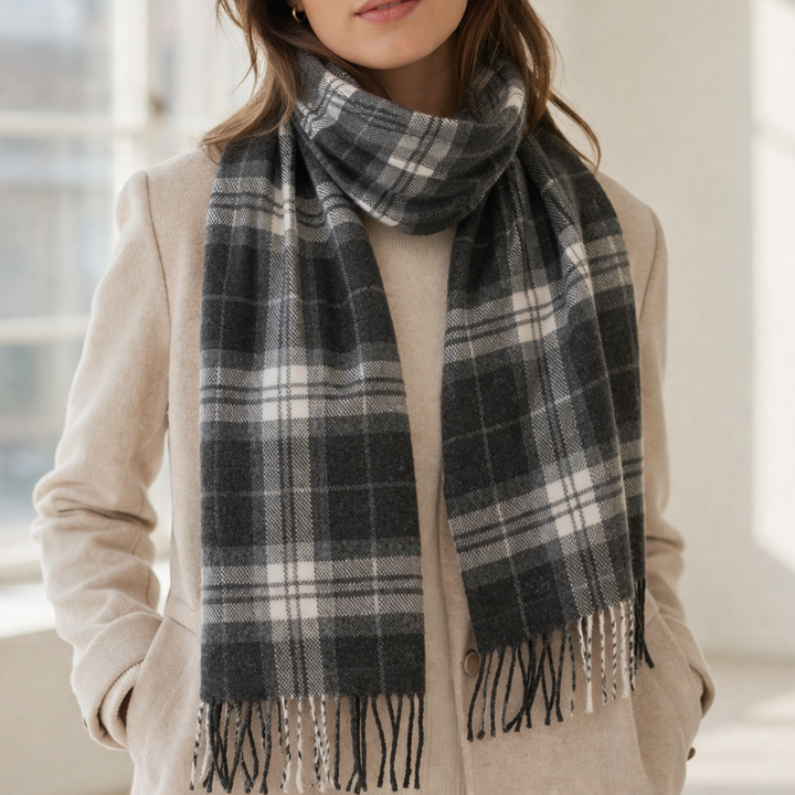 100% Lambswool Scarf – Traditional Tartan & Check Designs - Made in Scotland - Thomson Charcoal