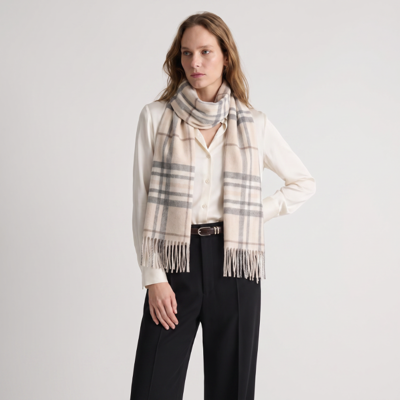Edinburgh Cashmere Premium Lightweight Scarf - Ultra-Soft Luxury Wrap - HIGHLIGHT CHECK - OLIVE/BROWN/OYSTER