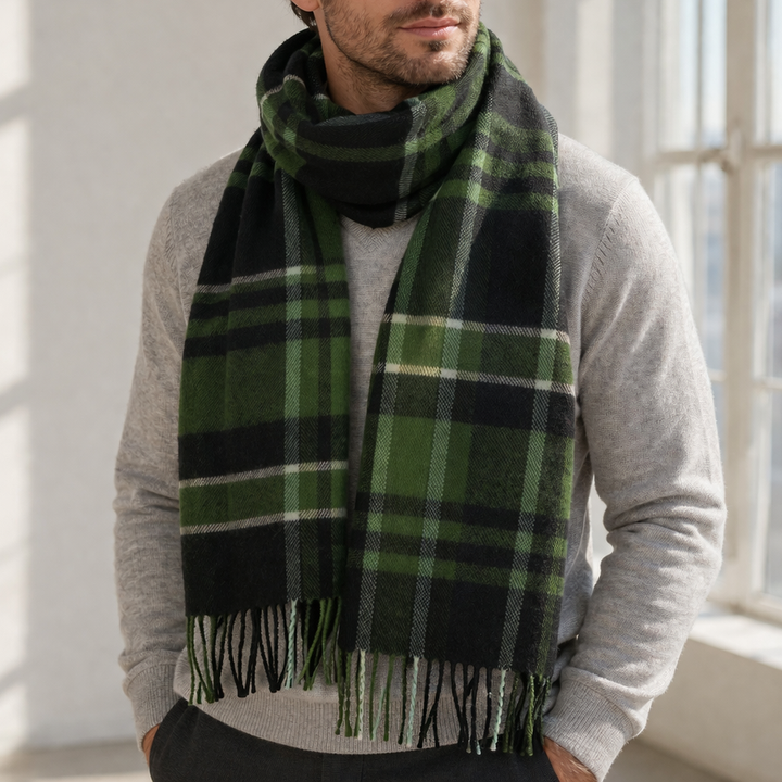 100% Lambswool Scarf – Traditional Tartan & Check Designs - Made in Scotland - Amy Green Black