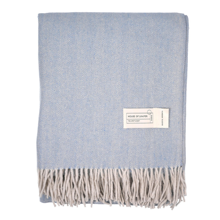 Recycled Wool Herringbone Blanket with Fringe - Soft Warm Throw - CORNFLOWER