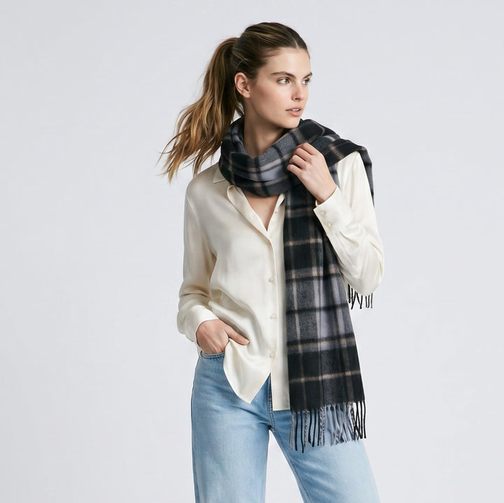 Edinburgh Cashmere Premium Lightweight Scarf - Ultra-Soft Luxury Wrap - FORRESTER BLACK BLUE