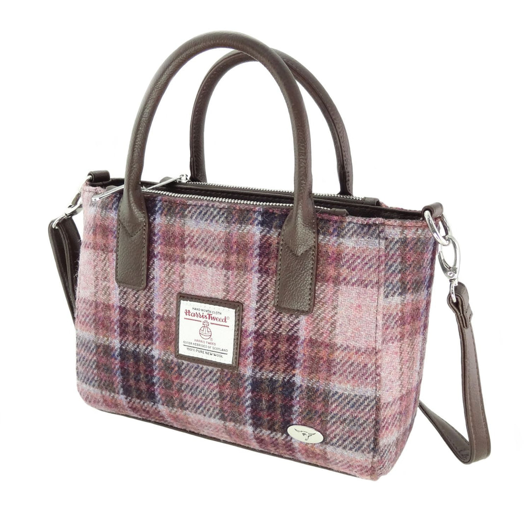 Harris Tweed Brora Small Tote - Compact Wool Tote Bag - Pink/Burgundy Check (COL154)