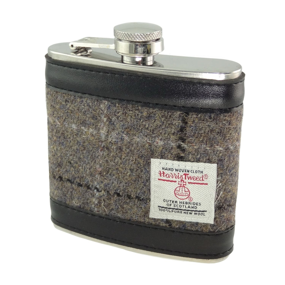 Harris Tweed 6oz Hip Flask - Classic Scottish Gift Idea - Mink with Black Overcheck (COL031)