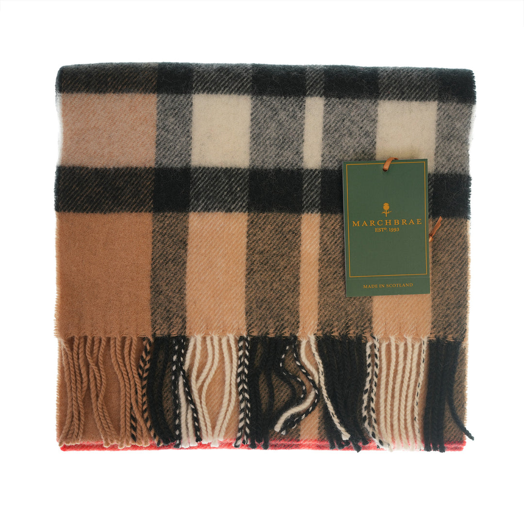 100% Lambswool Scarf – Traditional Tartan & Check Designs - Made in Scotland - Exploded Thomson Camel