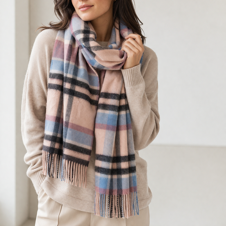 100% Lambswool Scarf – Traditional Tartan & Check Designs - Made in Scotland - Abstract Pink/Blue
