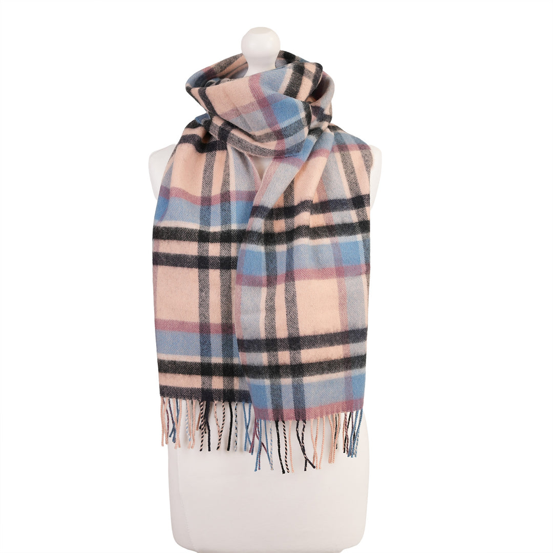 100% Lambswool Scarf – Traditional Tartan & Check Designs - Made in Scotland - Abstract Pink/Blue