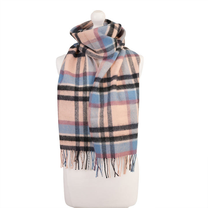 100% Lambswool Scarf – Traditional Tartan & Check Designs - Made in Scotland - Abstract Pink/Blue