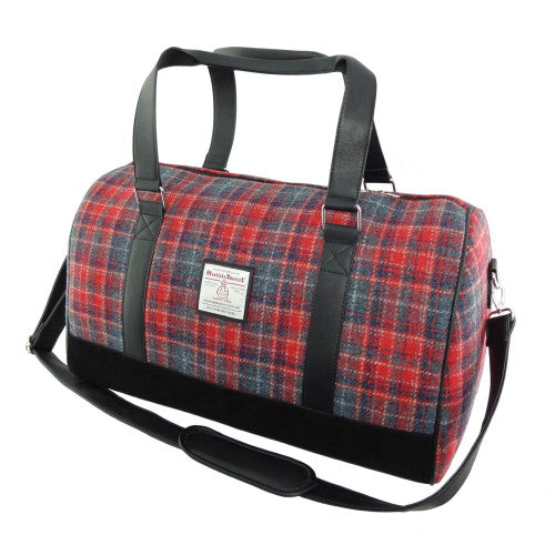 Harris Tweed Clyde Weekend Bag – Spacious Wool Travel Holdall - Red & Grey Tartan (COL158)