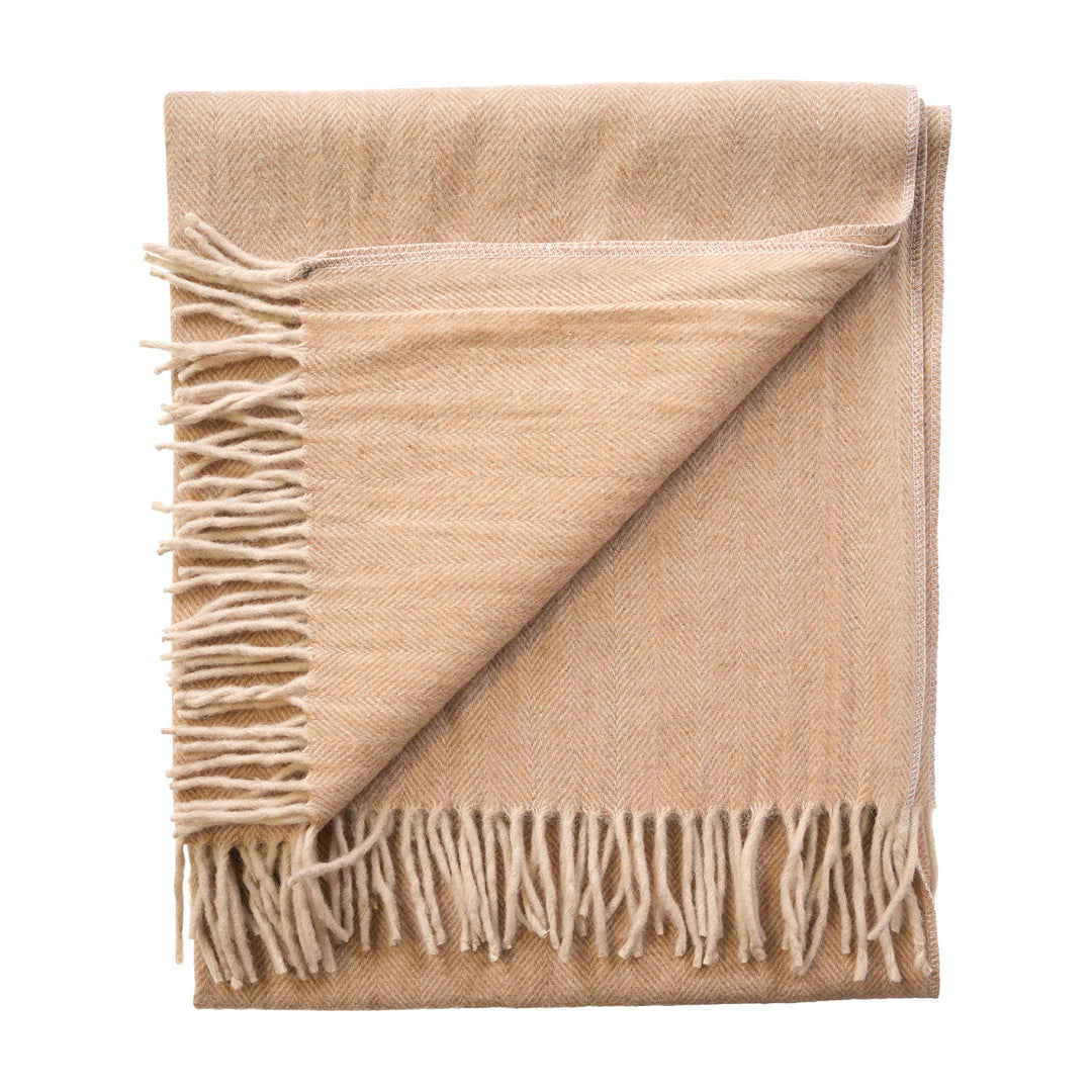Recycled Wool Herringbone Knee Blanket – Pastel Fringed Throw - SAND BEIGE/NATURAL
