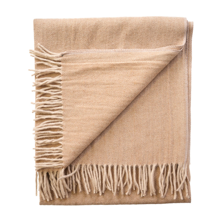 Recycled Wool Herringbone Knee Blanket – Pastel Fringed Throw - SAND BEIGE/NATURAL