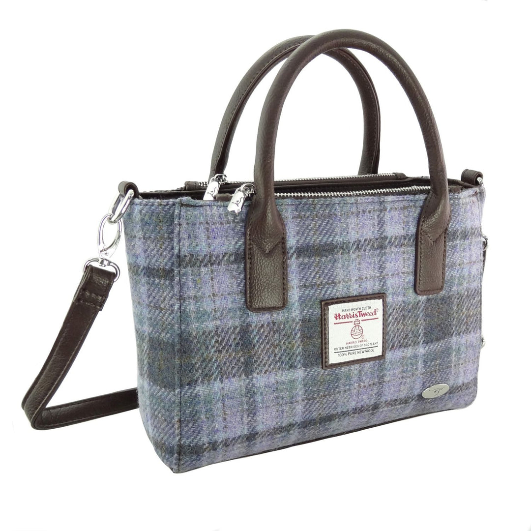 Harris Tweed Brora Small Tote - Compact Wool Tote Bag - Soft Purple Tartan (COL155)
