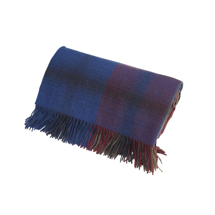 100% Pure Lambswool Blanket Throw – Luxury Soft Warm Wool Blanket - Home Décor - GRADED BLOCK CHECK INDIGO BLUE