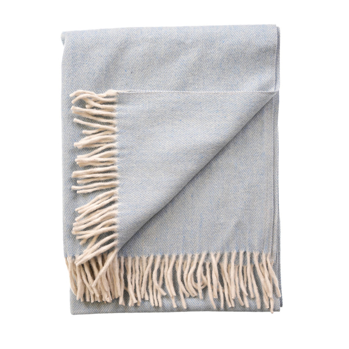 Recycled Wool Herringbone Knee Blanket – Pastel Fringed Throw - CORNFLOWER