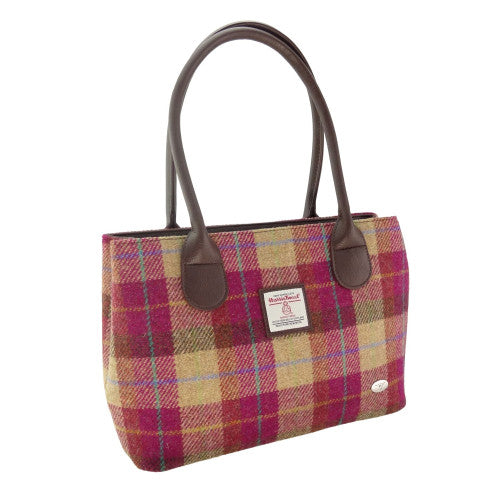 Harris Tweed Cassley Classic Handbag - Elegant Tartan Shoulder Bag - Burgundy & Sand Tartan (COL159)