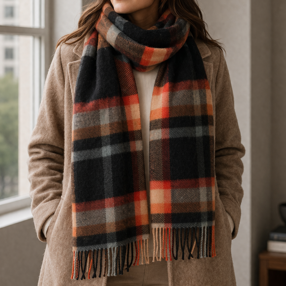 100% Lambswool Scarf – Traditional Tartan & Check Designs - Made in Scotland - Abstract Spice