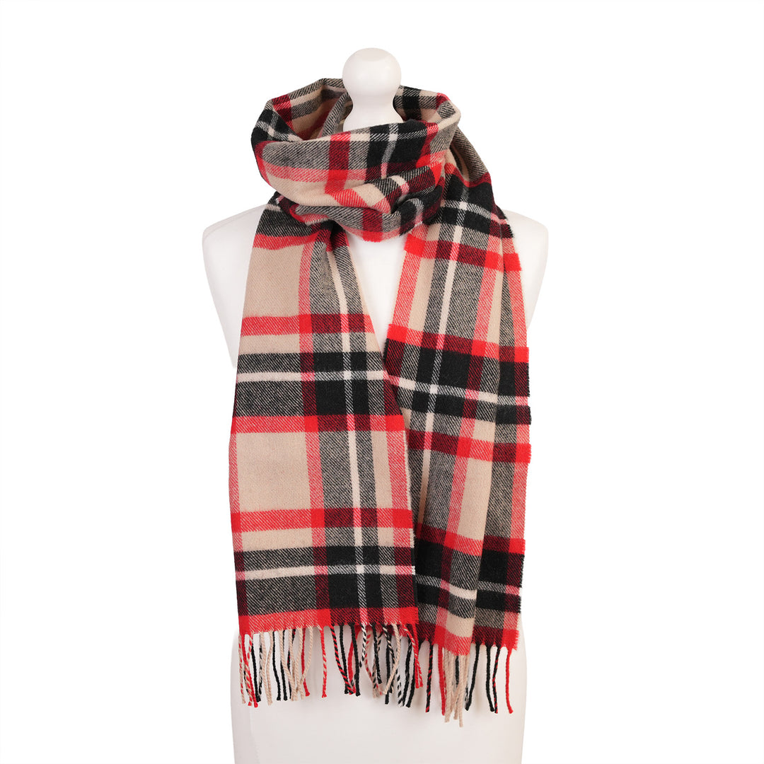 100% Lambswool Scarf – Traditional Tartan & Check Designs - Made in Scotland - Abstract Camel/Red
