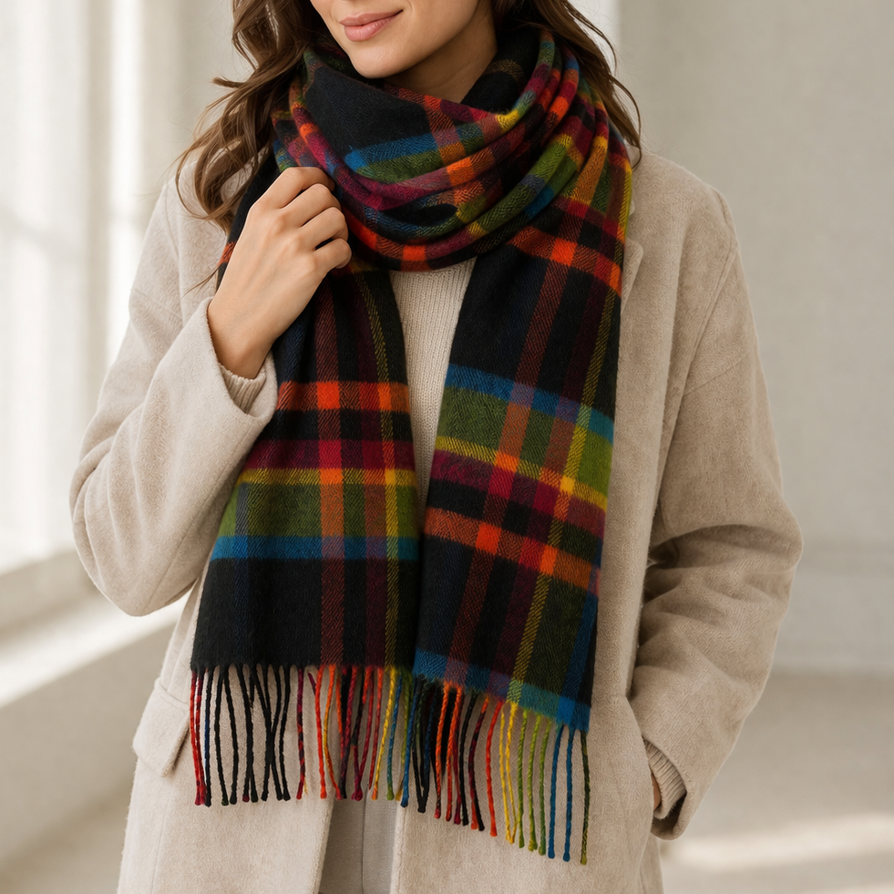 100% Lambswool Scarf – Traditional Tartan & Check Designs - Made in Scotland - Abstract Bright