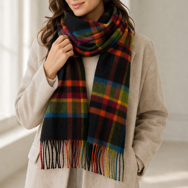 100% Lambswool Scarf – Traditional Tartan & Check Designs - Made in Scotland - Abstract Bright