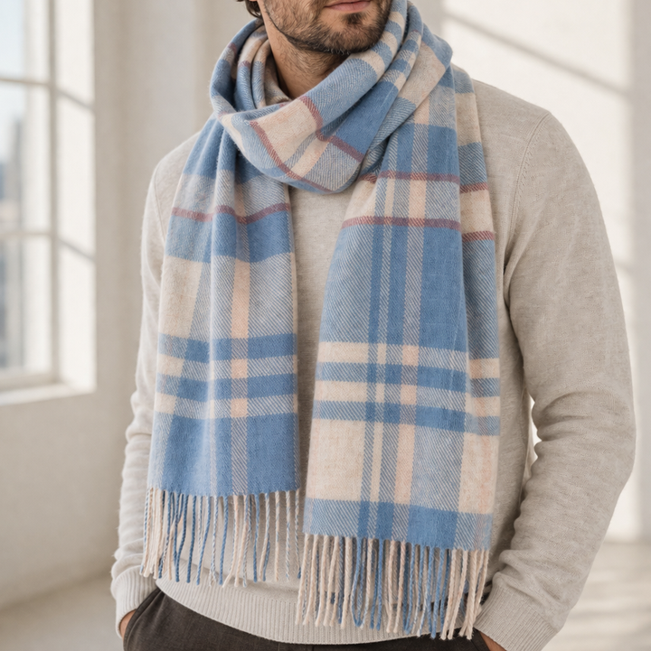 100% Lambswool Scarf – Traditional Tartan & Check Designs - Made in Scotland - Amy Blue