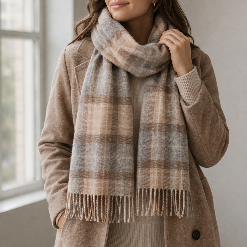 100% Lambswool Scarf – Traditional Tartan & Check Designs - Made in Scotland - Mackellar Natural