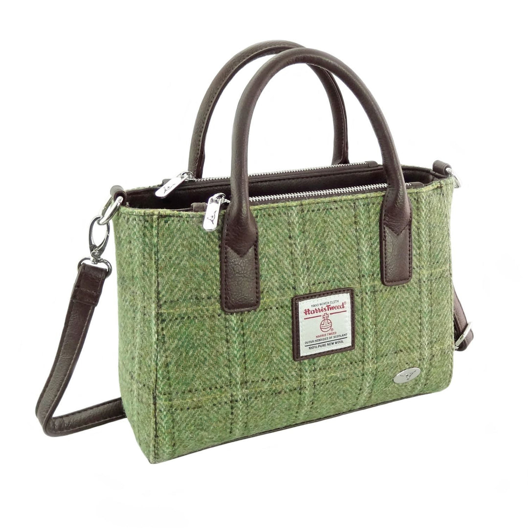 Harris Tweed Brora Small Tote - Compact Wool Tote Bag - Green Herringbone with Overcheck (COL153)