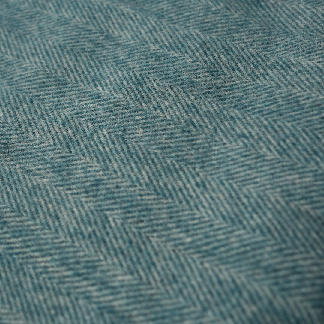 Recycled Wool Herringbone Blanket with Fringe - Soft Warm Throw - TURQUOISE