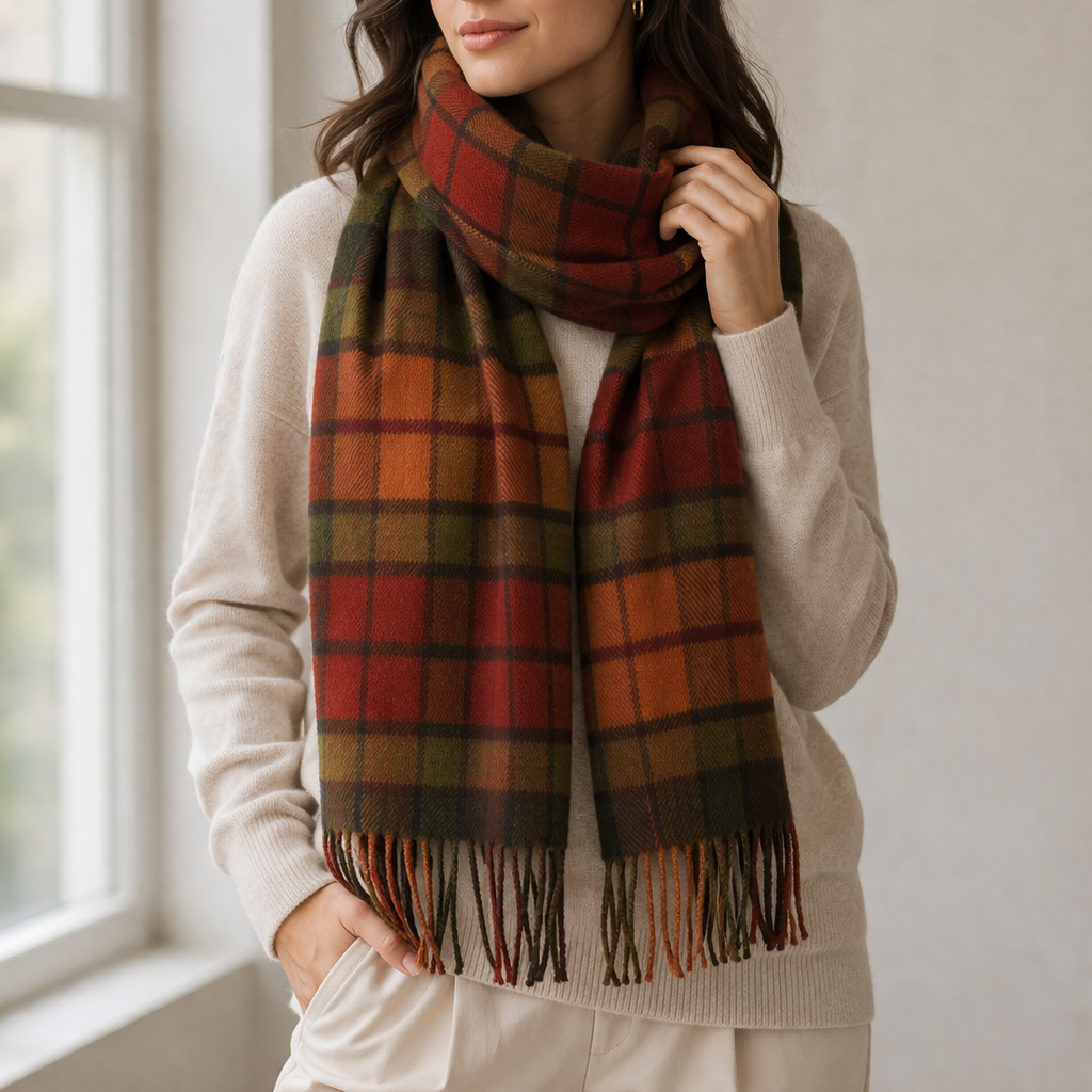 100% Lambswool Scarf – Traditional Tartan & Check Designs - Made in Scotland - Buchanan Autumn