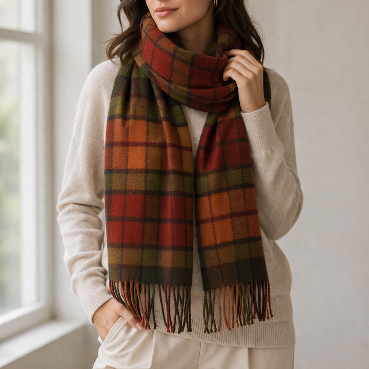 100% Lambswool Scarf – Traditional Tartan & Check Designs - Made in Scotland - Buchanan Autumn