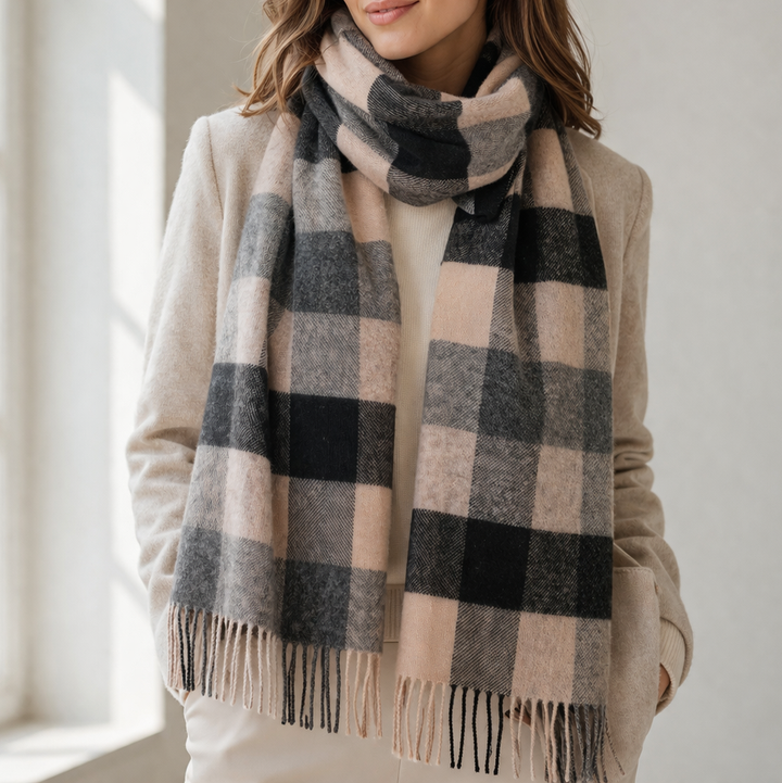 100% Lambswool Scarf – Traditional Tartan & Check Designs - Made in Scotland - 5 Square Natural