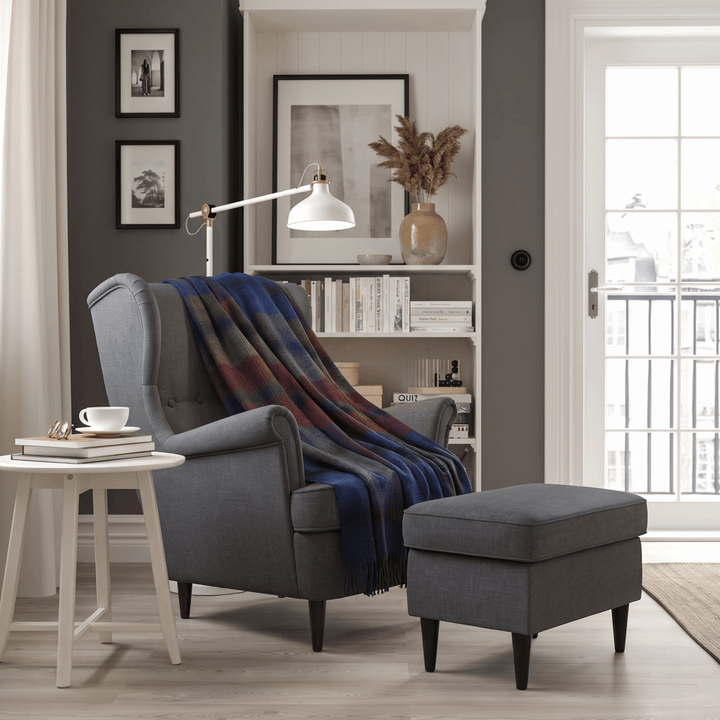 100% Pure Lambswool Blanket Throw – Luxury Soft Warm Wool Blanket - Home Décor - GRADED BLOCK CHECK INDIGO BLUE
