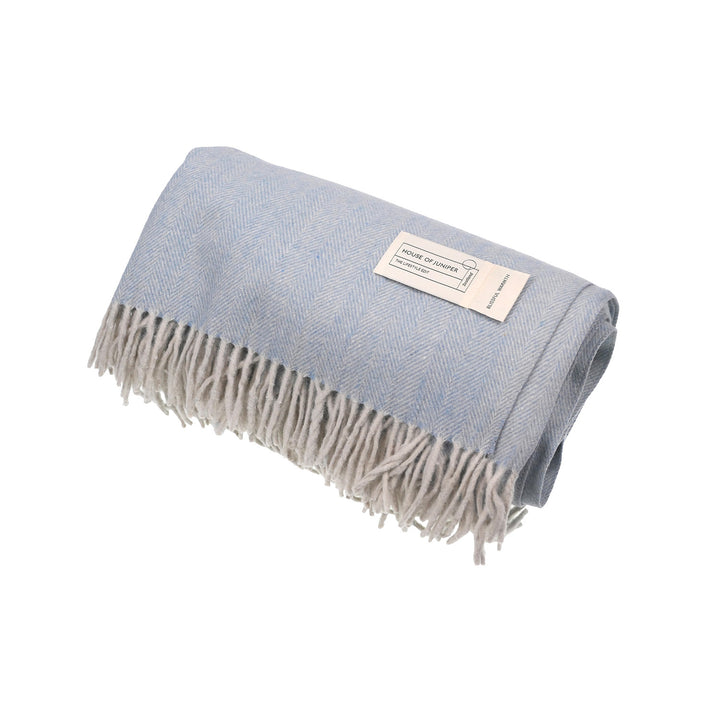 Recycled Wool Herringbone Blanket with Fringe - Soft Warm Throw - CORNFLOWER