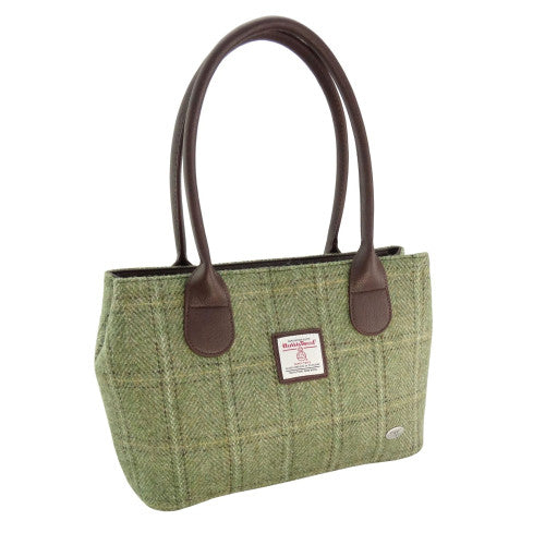 Harris Tweed Cassley Classic Handbag - Elegant Tartan Shoulder Bag - Green Herringbone with Overcheck (COL153)