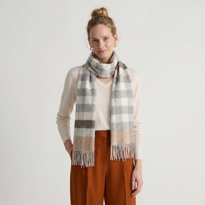 Edinburgh Cashmere Premium Lightweight Scarf - Ultra-Soft Luxury Wrap - GIANT CHEQUER - LINEN/UNIFORM