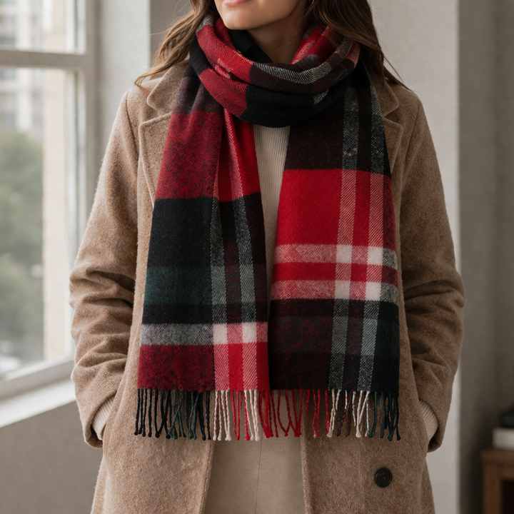 100% Lambswool Scarf – Traditional Tartan & Check Designs - Made in Scotland - Fashion Check Red/ Green