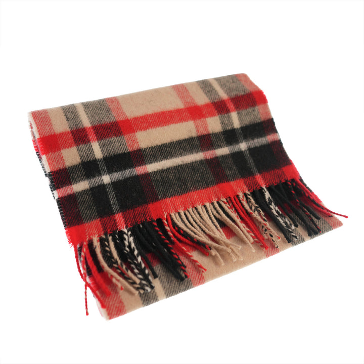 100% Lambswool Scarf – Traditional Tartan & Check Designs - Made in Scotland - Abstract Camel/Red
