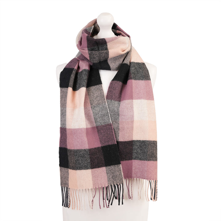 100% Lambswool Scarf – Traditional Tartan & Check Designs - Made in Scotland - 5 Square Check Grey